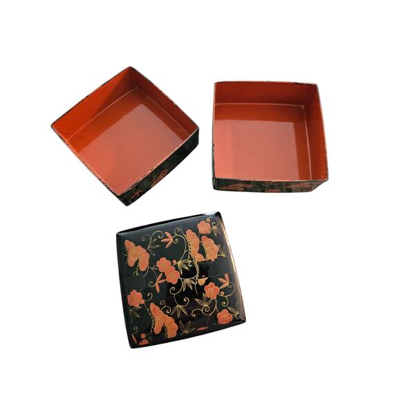 Vintage OMC Japan Triple 3 Stacking Trinket Jewelry Keepsake Boxes Lid Floral - Picture 3 of 6